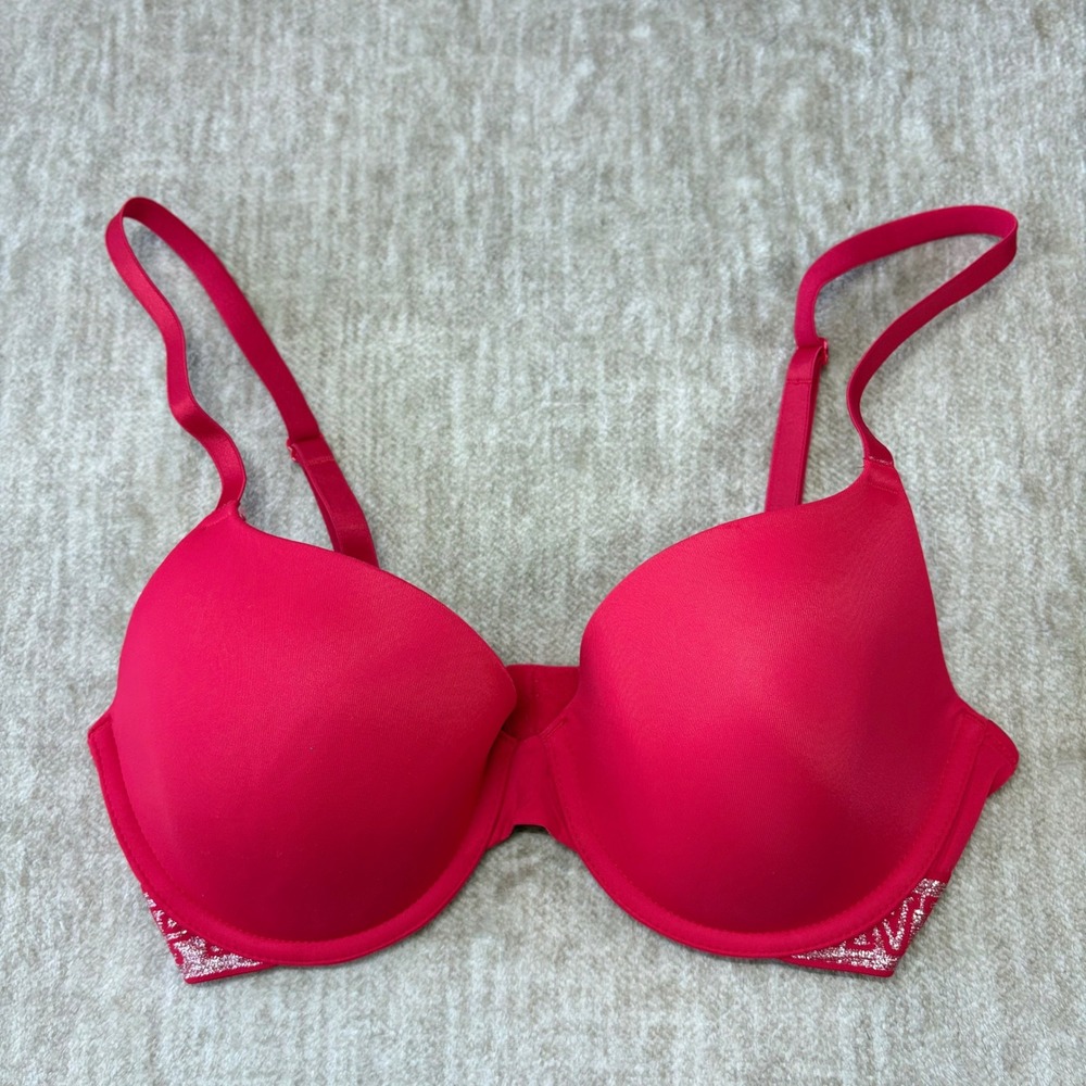 Victorias Secret PINK Push-Up Bra Women 34D Red Silver Glitter Logo Underwire
